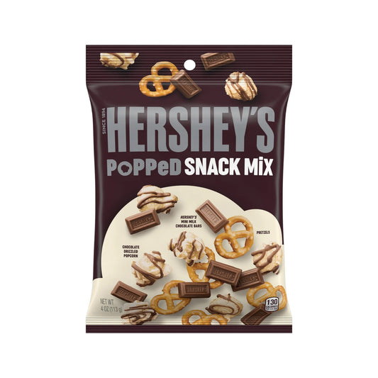 Hersheys Popped Snack Mix | 4oz | Chocolate Drizzled Popcorn-Mini Milk Chocolate Bars-Pretzels